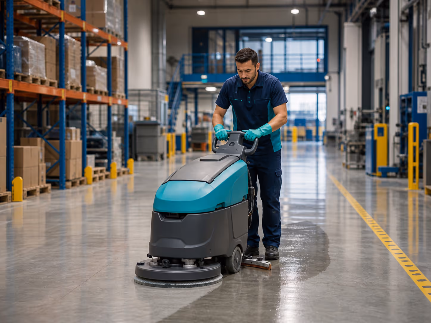 Technicien nettoyant un sol industriel avec une autolaveuse dans un entrepôt