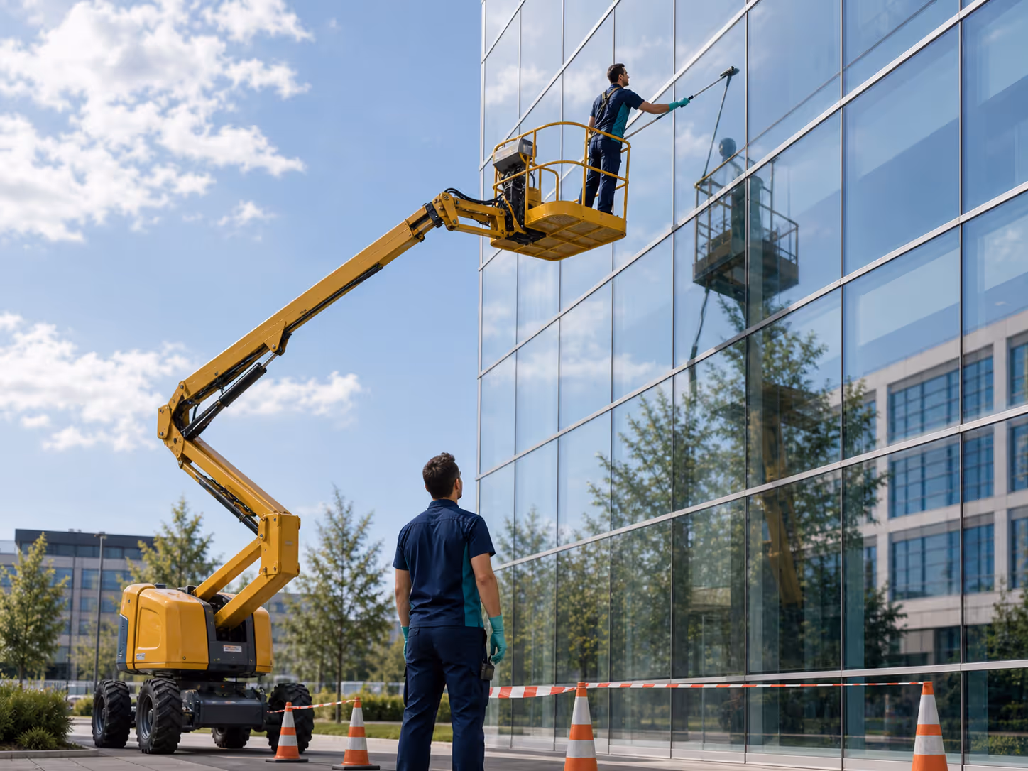 Nettoyage de vitres en hauteur avec nacelle élévatrice sur une façade vitrée